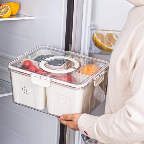 Bandesun Airtight Fruit Storage Containers for Fridge with Lids - 4 Grids, Handle & Removable Colanders, BPA-Free Fresh Produce Saver & Refrigerator Organizer Bins