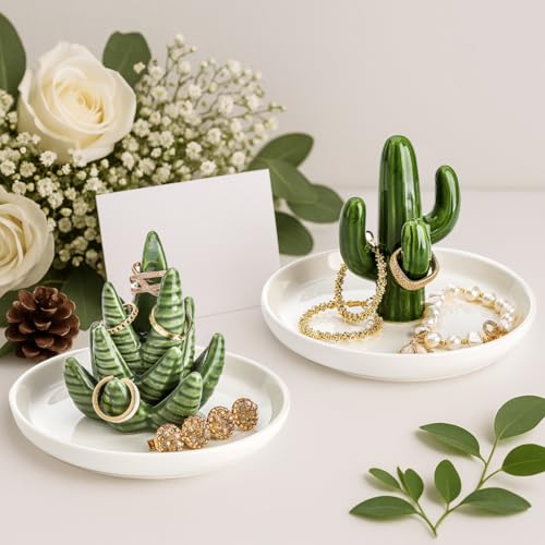 Elsjoy Set of 2 Aloe and Cactus Ring Holder Dish, Ceramic Plant Jewelry Dish Bracelet Earrings Necklace Organizer Tray, Decorative Succulent Trinket Dish for Wedding, Birthday Gifts, Home Decor