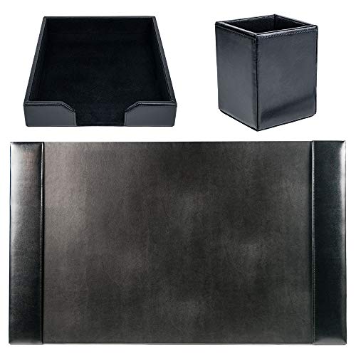 Dacasso Bonded Set Luxury Leather Desk Pad & Desk Organization Essentials, 3 Piece, Black