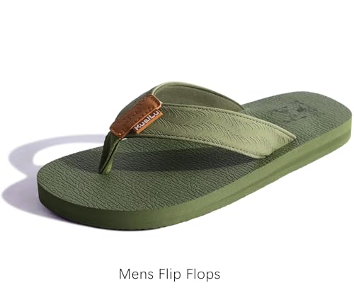 KuaiLu Men's Leather Flip Flops Arch Support Summer Beach Pool Water Thong Sandals Waterproof Rubber Walking Shoes Slip on Orthotic Casual Sport Cushioned Wide Slides Shower Slippers Brown Size 8