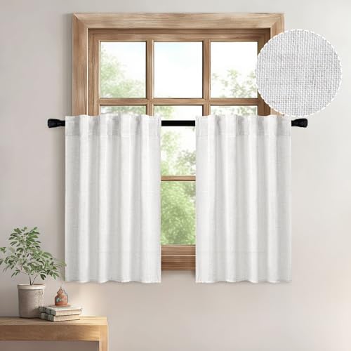 MIULEE Farmhouse Kitchen Curtains 30 Inch Length 2 Panels, Soft Thick Linen Textured Chocolate Brown Semi Sheer Light Filtering Short Cafe Tier Curtains for Small Half Window Back Tab Rod Pocket