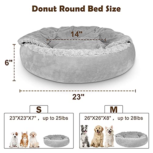 JOEJOY Small Dog Bed Cat Bed with Hooded Blanket, Cozy Cuddler Luxury Puppy Pet Bed, Donut Round Calming Anti-Anxiety Dog Burrow Cave Bed - Anti-Slip Bottom and Machine Washable 23 inch