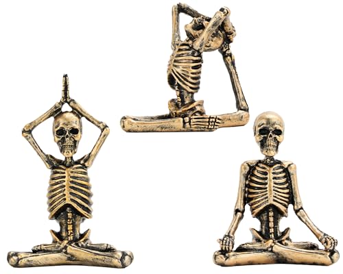 BOIHEGU Yoga Skeleton Skull Statue(Set of 3) Yoga Skull Statue for Yoga Meditation Room Decoration, Spooky Gothic Office Bookshelf Table Decoration(Antique Gold)