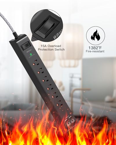 Surge Protector Power Strip - 6 Outlets 4 USB Charging Ports, 5Ft Braided Extension Cord, Flat Plug, Overload Protection, Wall Mount for Home Office, Dorm Room Essentials, Black