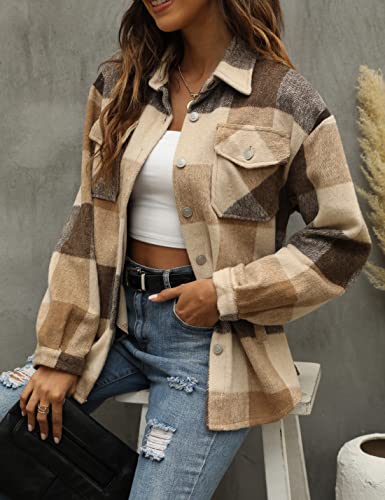 Tanming Womens Flannel Plaid Shacket Wool Blend Button Down Shirt Fall Fashion Jacket (01 Brown, S)
