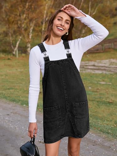 BerryGo Women's Denim Overall Dress Jean Sleeveless Romper 2024 Mini Pinafore Dress Shorts Jumper Dress With Pocket Black S