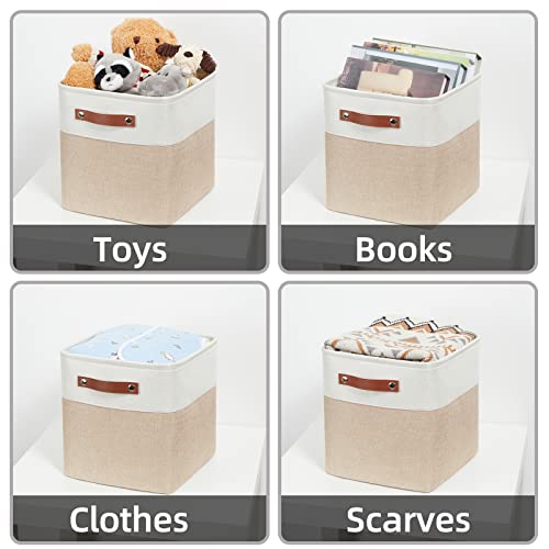 HNZIGE Foldable Storage Cubes Baskets for Organizing Set of 4, Fabric Cube Storage Bins 11 x11, Collapsible Storage Basket Bins Cube with Handles for Shelves Home Nursery(White Beige)