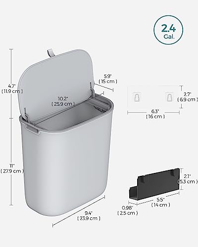 SONGMICS Hanging Trash Can, 2.4 Gallon Kitchen Compost Bin, Garbage Can for Kitchen, Kitchen Trash Can with Lid, Wall Mounted Trash Can, for Cupboard, Bathroom, Under Sink, Gray ULTB820G9