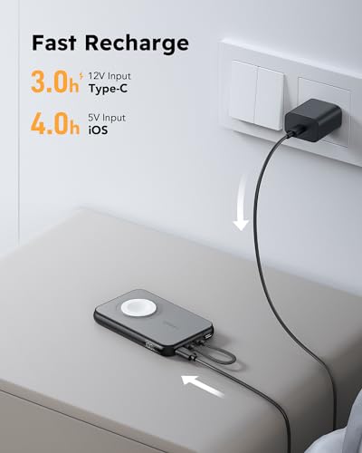 VEGER Portable Charger with Built in Cable(Removable), 10000mAh Mini Power Bank Battery Pack, PD 20W Fast Charger Travel Accessory Compatible with iPhone 15/14/13 Pro Max, Sumsang, Apple Watch-Black