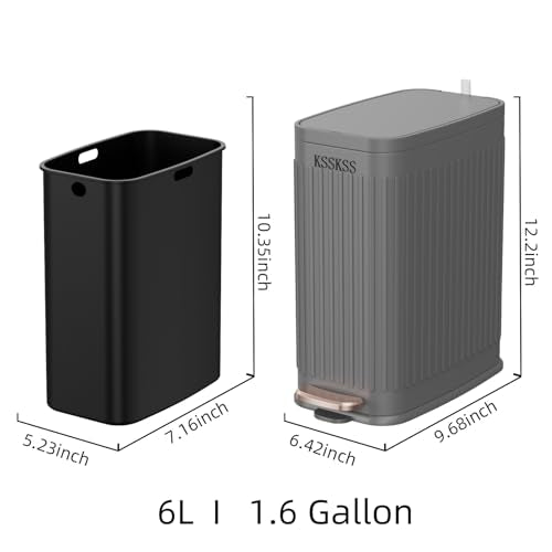 KSSKSS Small Bathroom Trash Can with Charcoal Filters Soft Close Lid, 6L / 1.6 Gallon Stainless Steel Garbage Can with Removable Inner Bucket, Foot Pedal Slim Trash Can for Bedroom, Home (Matt Black)