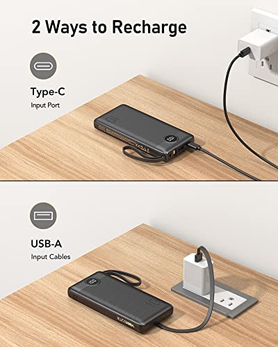 VEEKTOMX Portable Charger with Built-in Cables, 10000mAh Power Bank for iPhone, Slim Fast Charge USB C Battery Pack, Travel Essentials Powerbank Compatible with iPhone 15/14/13, Samsung, Android, etc