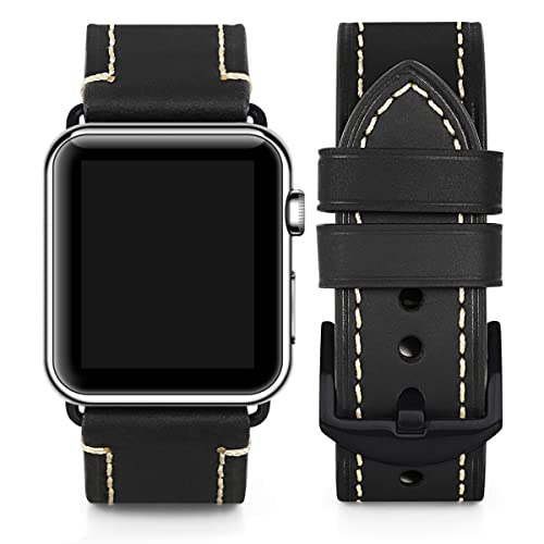 MTRRISE Compatible for Apple Watch ultra Band 42mm 44mm45mm49mm Men,Top Grain Leather Band Replacement Strap iWatch Series 8/7/ 6/5/ 4/3/ 2/1,SE,ultra (38mm40mm41mm, Black Black buckle)