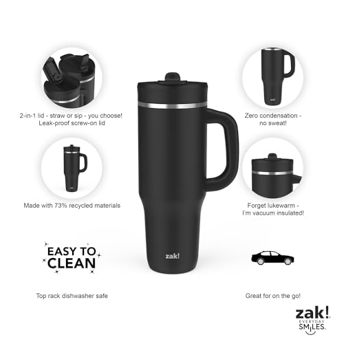 Zak Designs Harmony 2-in-1 Coffee Tumbler for Travel or At Home, 40oz Recycled Stainless Steel is Leak-Proof When Closed and Vacuum Insulated with Handle (Ebony Black)