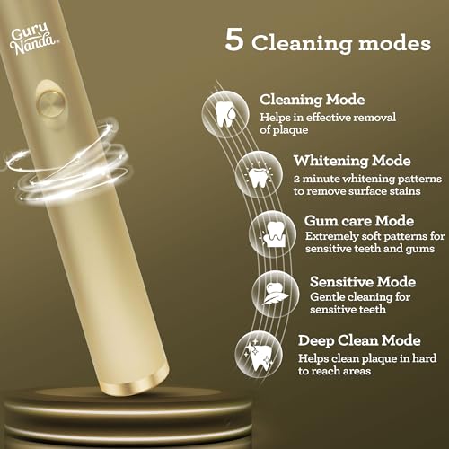 GuruNanda Steel Sonic Toothbrush - Rechargeable, 5 Modes, 2 Min Smart Timer & Replacement Brush Heads - Gold