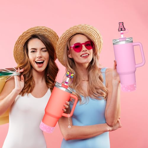 AIERSA Cup Accessories Set for Stanley 40oz Cups, 2Pcs Pink Straw Cover Caps for 10 mm Straws, 4Pcs Silicone Spill Stopper, 1pcs Letter Charms and 1Pcs Glitter Silicone Boot for Stanley 40oz Tumbler