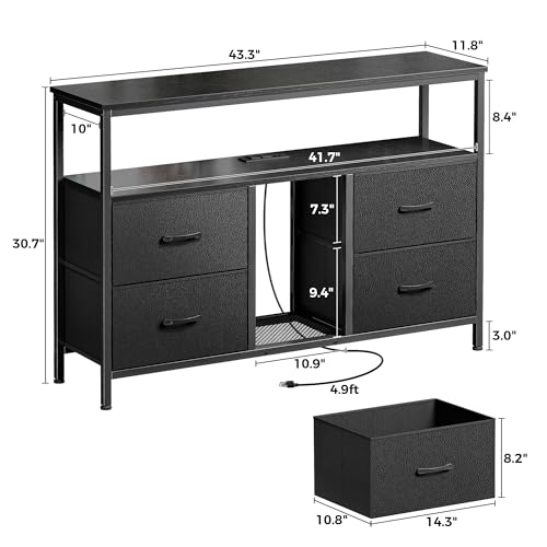 Huuger TV Stand Dresser with Power Outlets and LED Lights, 4 Drawers Entertainment Center with Open Shelf, Media Console for 50 43 Inch TV, Dresser with PU Finish, Black