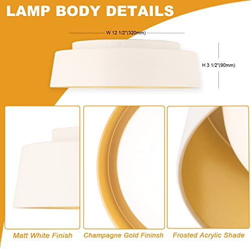 Flynix 12.5 Inch LED Flush Mount Ceiling Light Fixture, 26W, Super Bright 1350 Lumen, 3 Color 3000K/4000K/5000K, Matt White with Gold Inside, Dimmable Ceiling Lamp for Bedroom Hallway Bathroom Outdoor