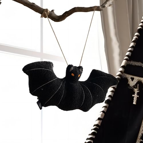 Phantoscope Happy Halloween Bat Shaped Throw Pillow, Teddy Fleece Embroidery Decorative Halloween Pillow for Couch, Sofa, Bed, Black 12 x 25.5 inches