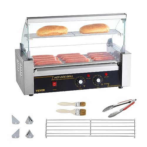 VEVOR Hot Dog Roller, 12 Hot Dog Capacity 5 Rollers, 750W Stainless Steel Cook Warmer Machine with Cover & Dual Temp Control, LED Light & Detachable Drip Tray, Sausage Grill Cooker