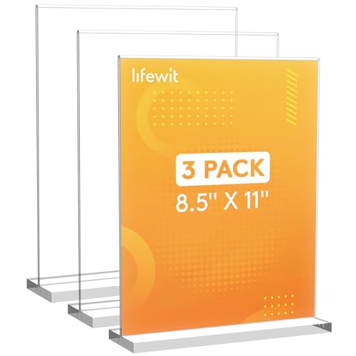 Lifewit 3 Pack 8.5x11 Acrylic Sign Holder, Clear Vertical Double-sided Stand, Plastic photo picture frame, Paper Flyer Menu Display Stand for Reception, Office, Store, Restaurant, Hotel