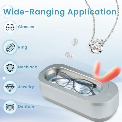 Ultrasonic Jewelry Cleaner, Professional Sonic Eyeglasses Cleaning Machine for Watches, Diamond Rings, Earring, Denture, Retainer, Invisalign, ATCKIT 46KHz 350ml Multipurpose Cleaner, Grey