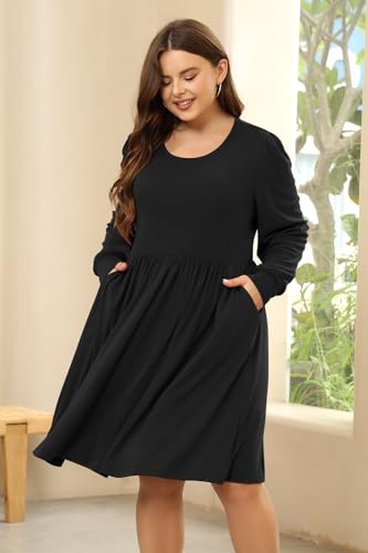 Keluummi Plus Size Women's Flowy Casual Midi Dress with Puffy Sleeves and Pockets - Cozy for Holidays(KEL6021,16,Grey)