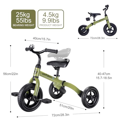 YGJT 3 in 1 Tricycle for Toddlers Age 2-5 Years Old, Folding Kids Balance Bike with Adjustable Seat and Removable Pedal, Toddler Bike Ride-on Toys for Infant, Gifts for Baby Boys Girls(Army Green)