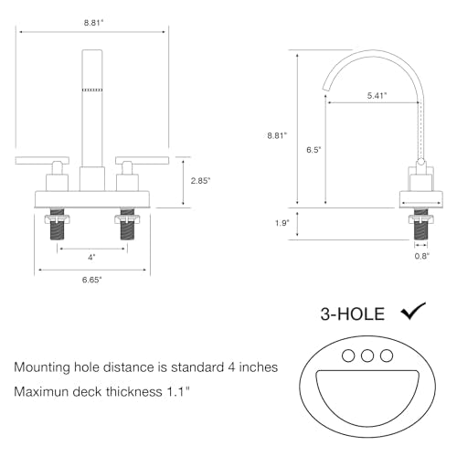 DIKUROOMS 4 Inch Centerset Bathroom Sink Faucet 2 Handle Vanity Basin Faucets with Overflow Pop-up Drain Assembly and cUPC Water Supply Lines, 360 Degree Swivel Square Spout, Brushed Gold