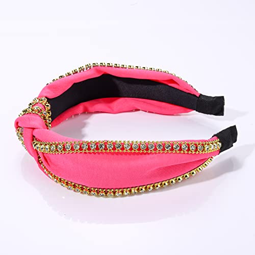 Rhinestone Knotted Headband Sparkle Rhinestone Chain Top Knot Headband for Women Girls White Black Hot Pink Wide Hairband Headpiece Hair Accessories Gift (black rhinestone chain headband)