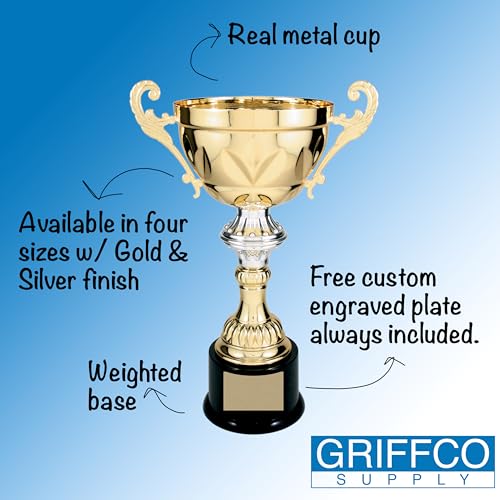 Griffco Supply Gold Trophy Cup with Custom Engraved Plate included to Customize for Sports Championships, Tournaments, Award Competitions, Spelling Bee (5 sizes) - Trophy Award (8.75" X-Small)