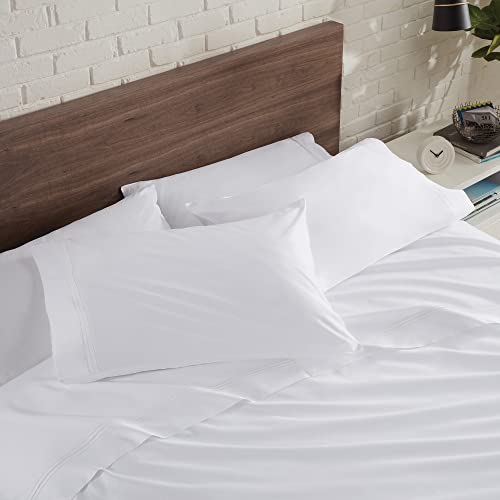 Aston & Arden Sateen Sheet Set - 100% Cotton 600 Thread Count Luxurious Hotel Silky Sheets, Pristine White with Fine Baratta Embroidered 3-Striped Hem, Wrinkle Resistant, Twin, Dove White