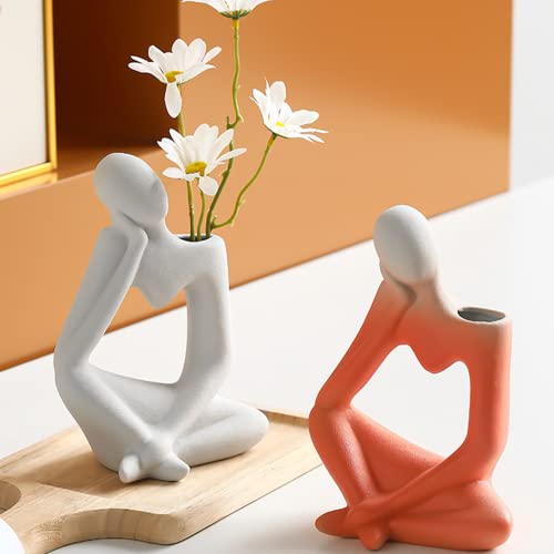 Disoza Ceramic Thinker Vase for Home Decor White Modern Body Shaped Vase for Flowers Pampas 7.9" H x 5.5" W Book Flower Vases for Living Room Decorations Beige Vases for Table Kitchen Decor