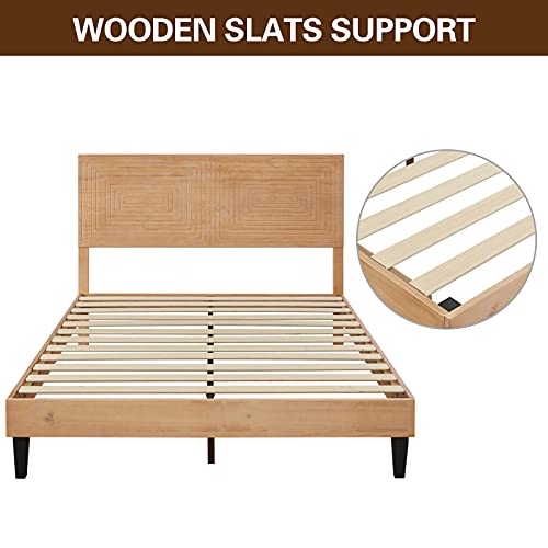 MUSEHOMEINC Solid Wood Full Size Bed Frame with Adjustable Height Headboard, Mid Century Modern Style, Mattress Foundation with Wooden Slat Support,No Box Spring Needed,Easy Assembly (Full)