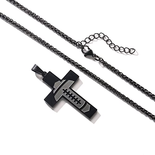 GLITTO Football Cross Necklace for Boys Men Stainless Steel Pendant Chain Religious Christian Baptism First Communion Confirmation Stuff Gear Accessories Jewelry Gift Lord's Prayer Black