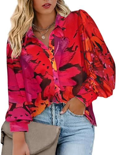 IN'VOLAND Womens Plus Size Button Down Shirts Print Long Sleeve Blouses Poplin Collared Shirts Tops Work Office Tops Black