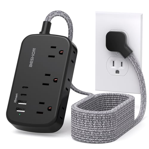 BESHON 15 FT Flat Plug Power Strip with USB C, 6 Outlets, No Surge Protector for Dorm Room, Black