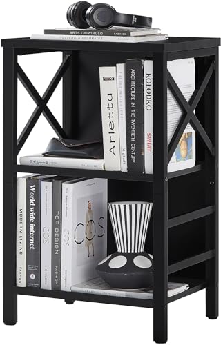 MNEETRUNG Small Bookcase,3 Tier Industrial Short Bookshelf with Metal Frame and Backboard,Low Black Bookshelf, Small Office Book Shelf for Small Spaces, Living Room, Bedroom and Home Office