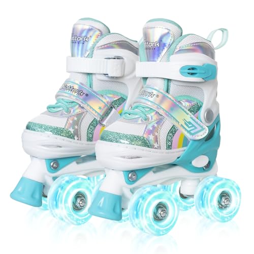 Girls Rainbow Unicorn Roller Skates for Big Kids ages6-12 7 8 9 10, 4 Size Adjustable Quad Skates with All Light Up Wheels - Best Birthday Gift for Outdoor Sports - Teal