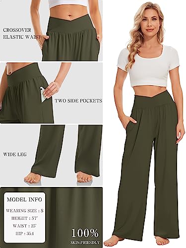 TARSE Womens Wide Leg Pants Petite Loose Yoga Pants Casual Lounge Flowy Pants Pockets Stretch Sweatpants(Army Green,S)