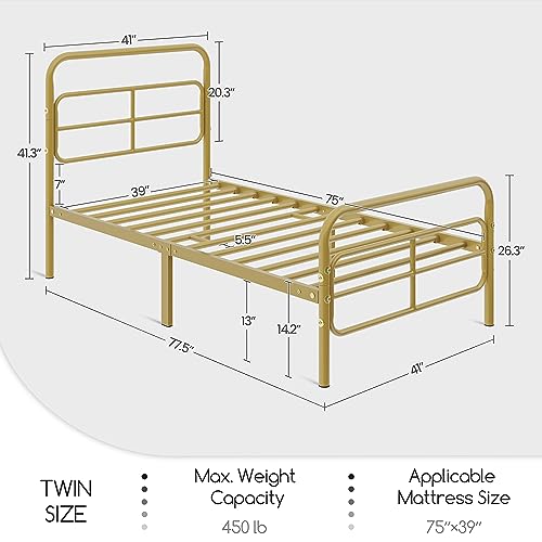 Yaheetech Twin Bed Frame Metal Platform Bed with Geometric Patterned Headboard, Mattress Foundation with Under Bed Storage/Sturdy Slat Support, No Box Spring Needed, Antique Gold