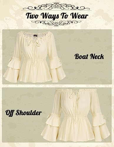 Womens Summer Tops Dressy Casual Bell Sleeve Renaissance Pirate Shirt Hide Tummy Peplum Blouse Apricot S