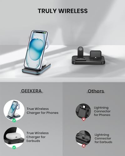 GEEKERA 3 in 1 Wireless Charging Station, Foldable Wireless Charger Stand for Multiple Apple Devices for iPhone 15 14 13 12 11 Pro Max Plus XR XS X, Apple Watch Ultra/9/SE/8/7/6/5/4/3/2, AirPods Pro/3