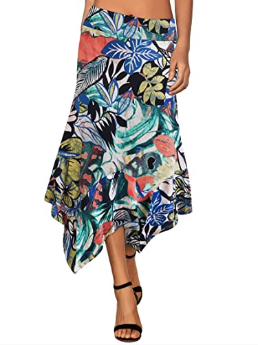 DJT Women's High Elastic Flat Waist Handkerchief Hem Flowy Flared Casual Midi Skirt Black S