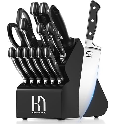 KnifeSaga Knife Set, 15 Pcs Knife Block Set, Enduring Razor-Sharp Japanese High Carbon Stainless Steel Kitchen Knife Set, Premium Forged Knife Set for Kitchen and Professional Chefs, Black