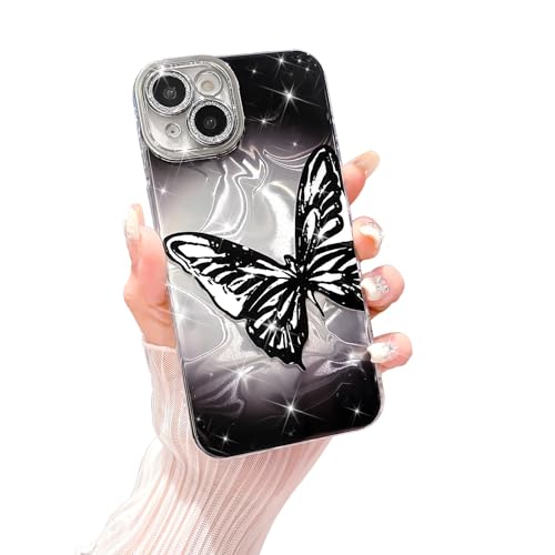 MGQILING Compatible with iPhone 14, Cute Butterfly Star Pattern Case, Luxury Water Ripple Design for Women Girls Anti-Drop Full Camera Lens Protective Back Cover-Black