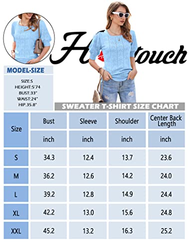 Tops for Women Trendy 2024 Puff Short Sleeve Sweaters Square Neck Crochet Knit Soft Summer Clothes Light Grey M