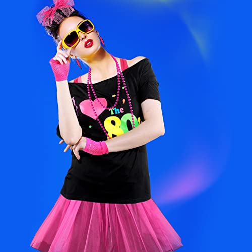 Didaey I Love The 80's Disco 80s Costume Print Off Shoulder Tops Tank Top Headband Earring Necklace Legwarmers Fishnet Gloves (Rose Red,Small)