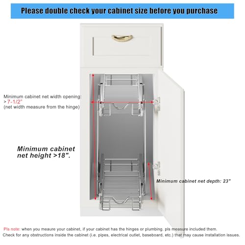 DINDON Pull Out Cabinet Organizer (7-1/2" W x 21-1/2"D), Cabinet Pull Out Shelves, 2 Tier Pull Out Drawers for Kitchen Cabinets, Wire Basket Slide Out Shelf for Cabinet Organization