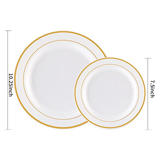 WDF 120 pieces Gold Disposable Plastic Plates - White and Gold Plates Include 10.25" Dinner Plates & 7.5" Salad Plates for Weddings and Party