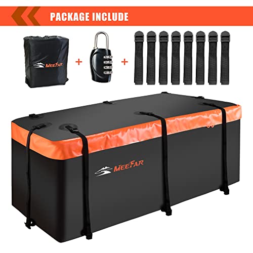 MeeFar Hitch Mount Cargo Carrier Bag Soft Shell 100% Waterproof 15 Cubic Feet (58" 19" 24") Include 8 Reinforced Straps for Truck Pickup All Vehicle with Steel Cargo Basket